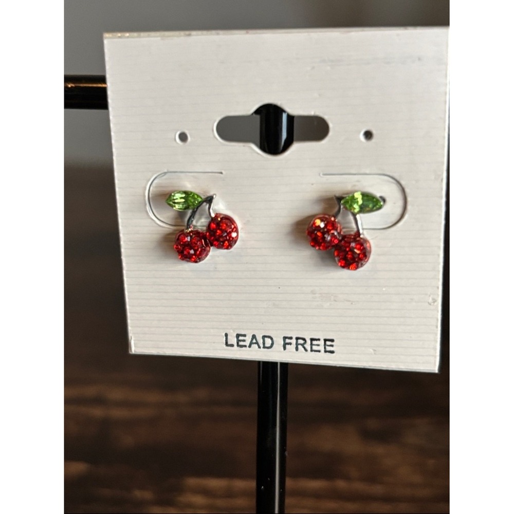Red Cherry Crystal‎ Stud Earrings with Green Leaf Accent